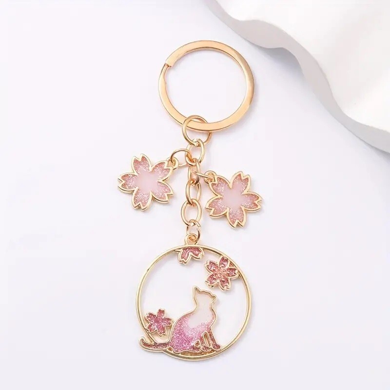 New ~ Glitter Cat Cherry Blossom Sakura Charm Keychain Accessories Key Ring Bag