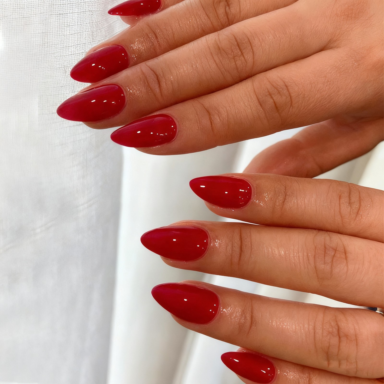 Almond Glossy Bright Red Press On Nails | Classic Red Elegant False Nails