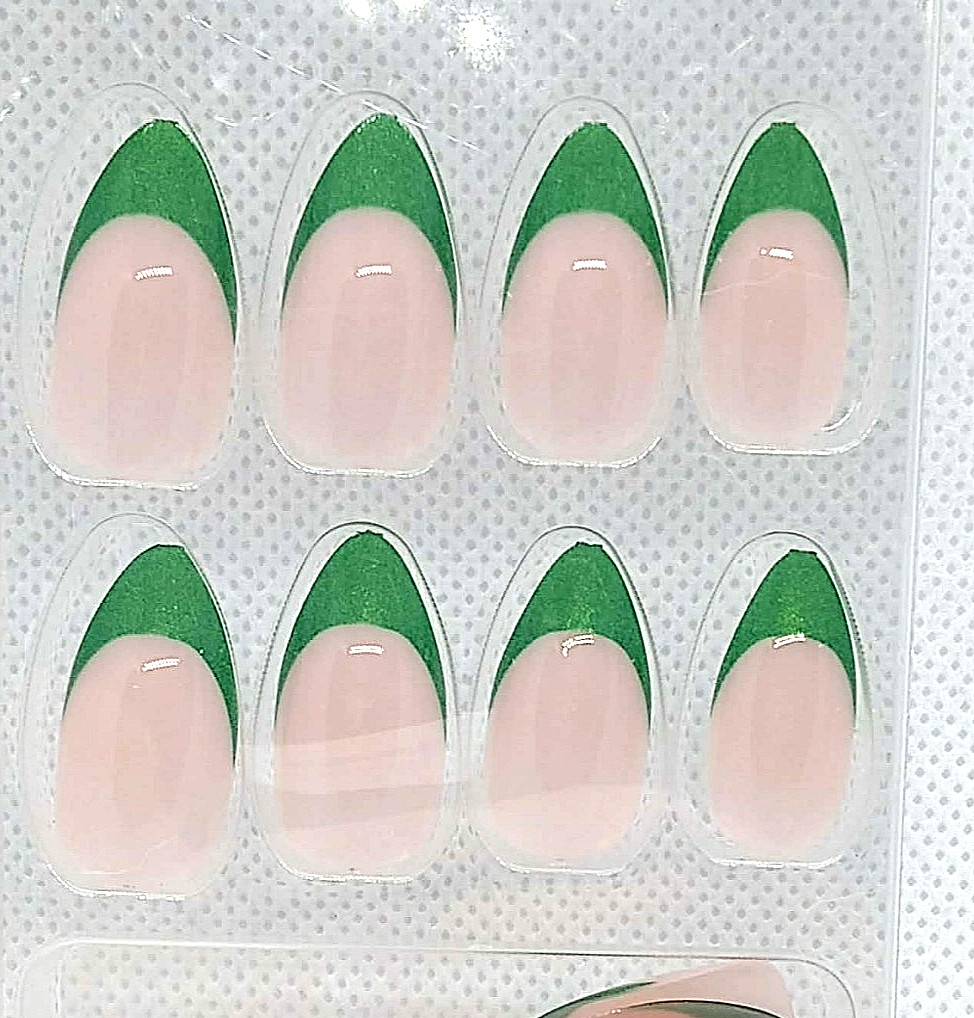 24 Size large, long GREEN TIPPED NUDE ALMOND press on nails discontinued