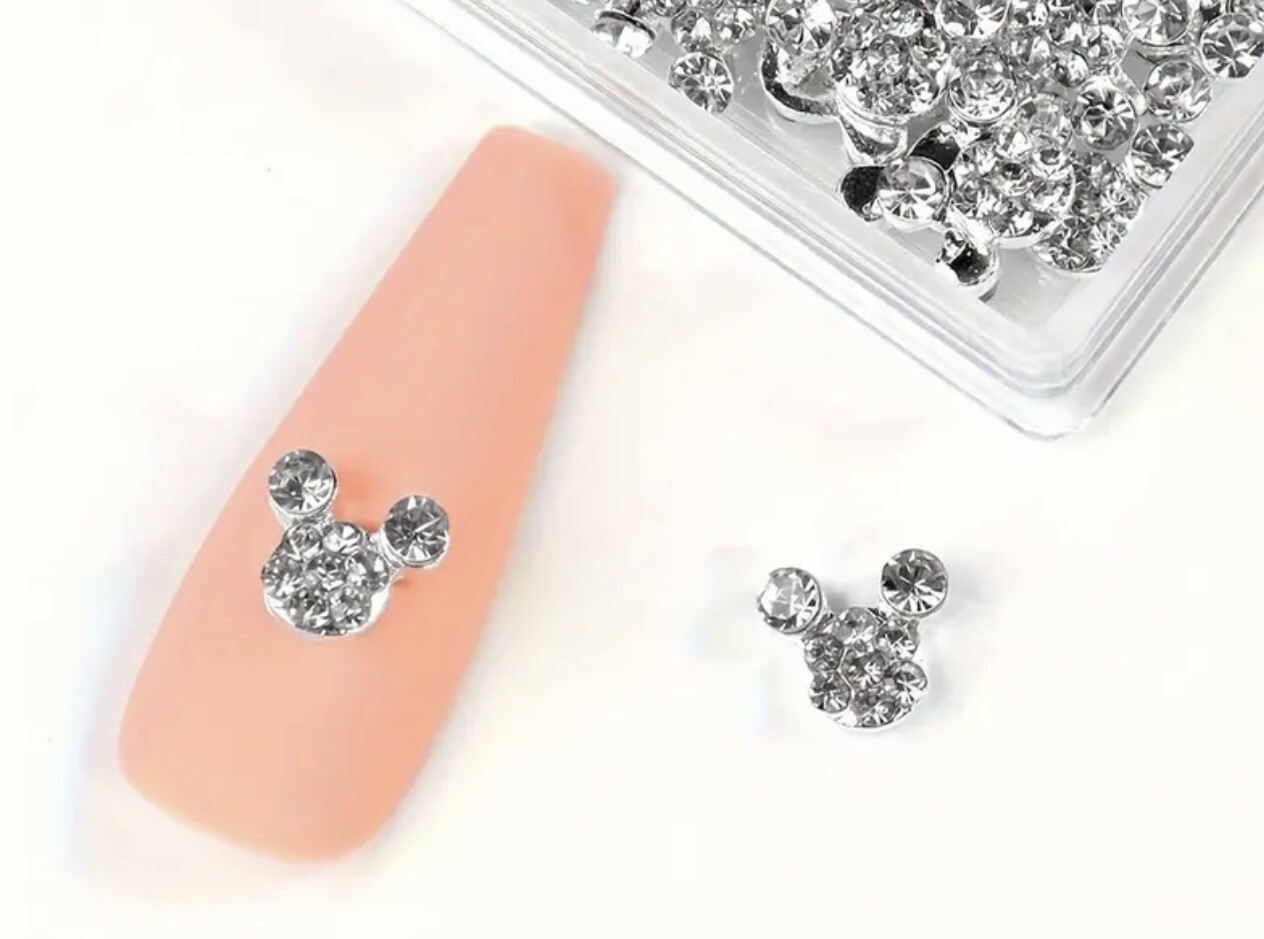 Crystal Rhinestone Mickey Mouse Head 3D Nail Art Set Of 5 Glass Silver Charms