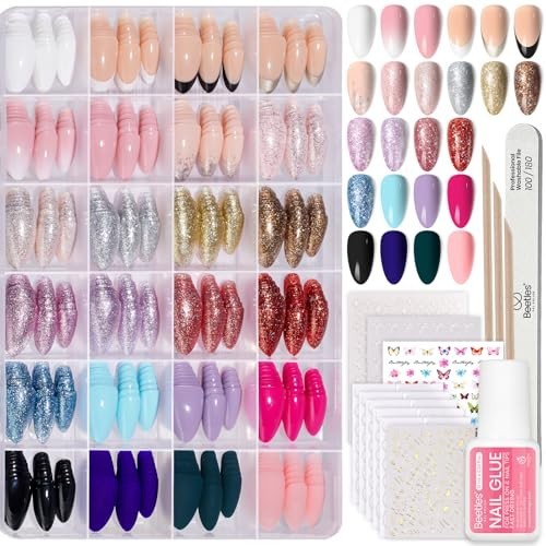 24 Colors Press on Nails Kit – 720 Pcs Short Almond Glossy Matte Glitter, Lightw