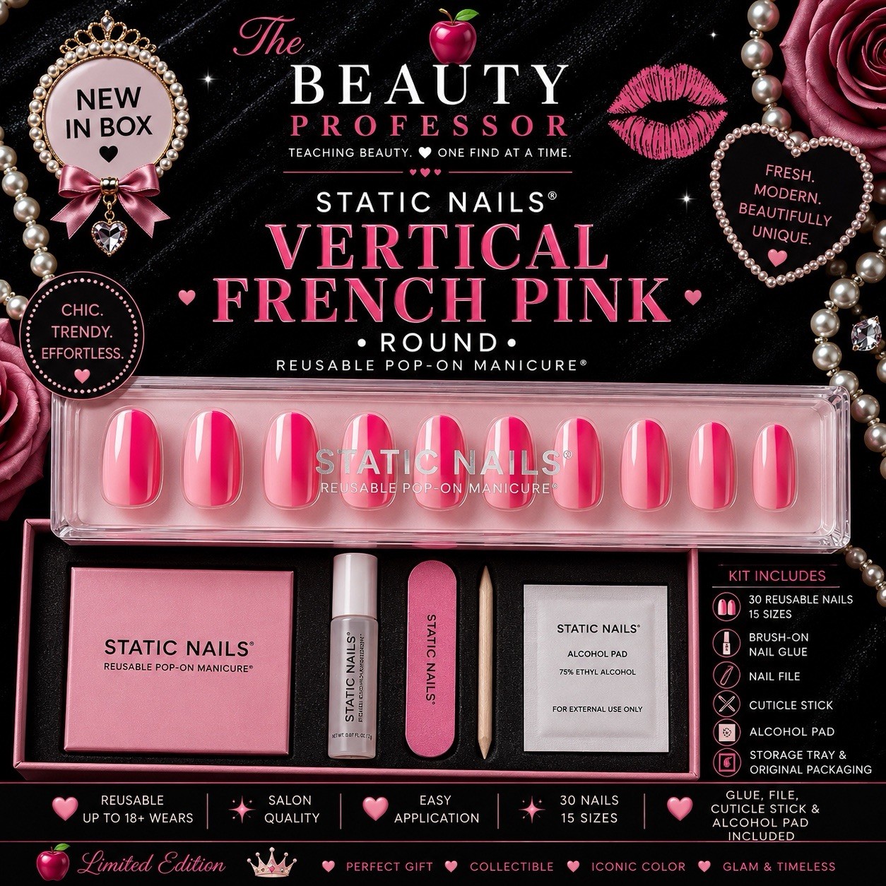 💅 Static Nails Vertical French Pink Round Reusable Pop-On Manicure New In Box
