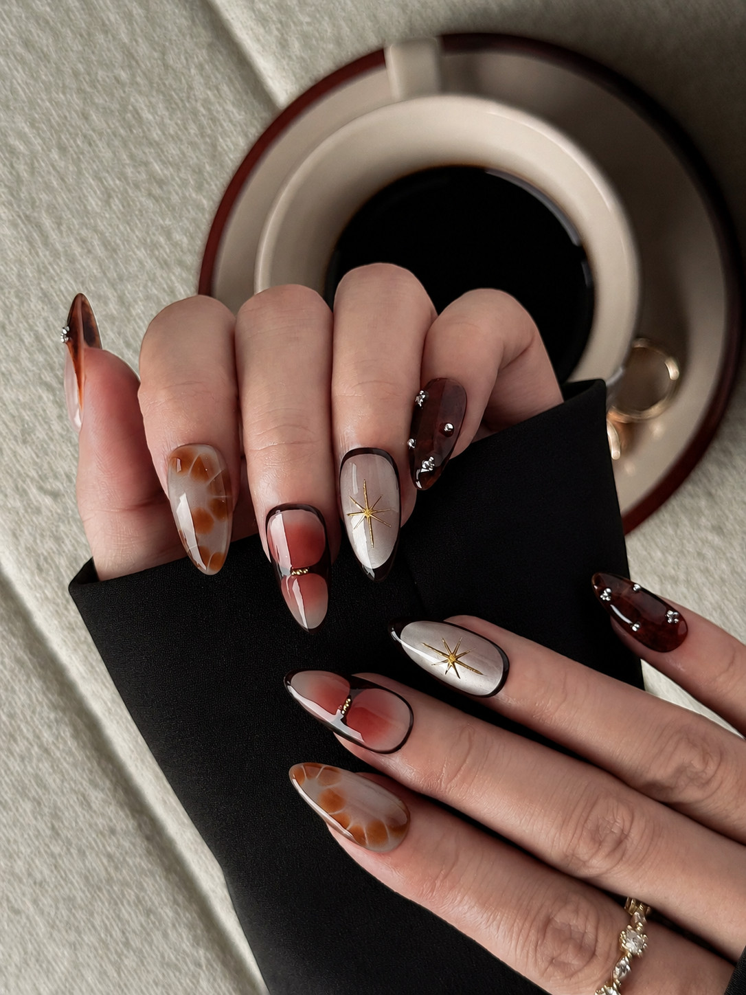 🌙 Luna Nails【Noir Amber】Press-On Nails | Handmade Reusable 10-Piece Set
