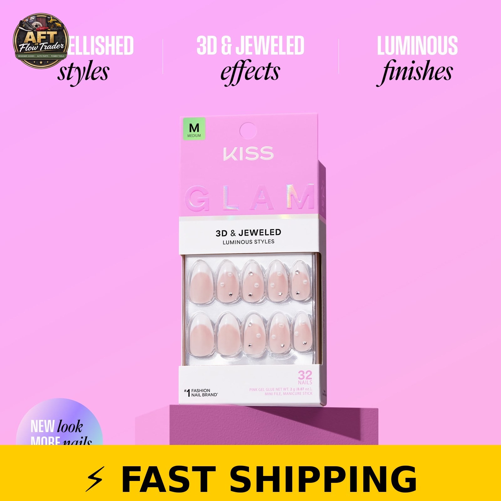 Kiss Glam 3D Press On Nails Almond, Serendipity Awaits, Medium 32 Count