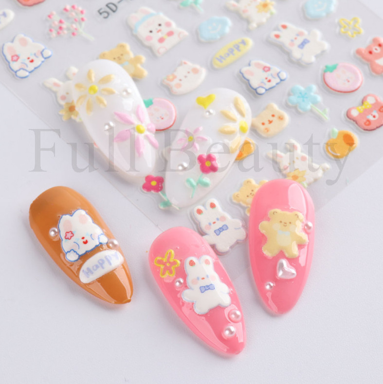 5D Embossed Star Heart Flower Bunny Cat Daisy Fingers Toe Nail Art Stickers NS25