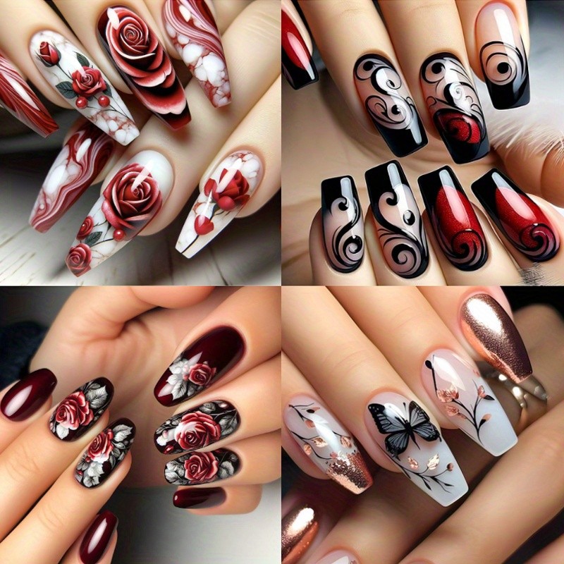 96PCS Rose Butterfly Press on Nails Red Black Elegant False Nail Tips 4 PACK