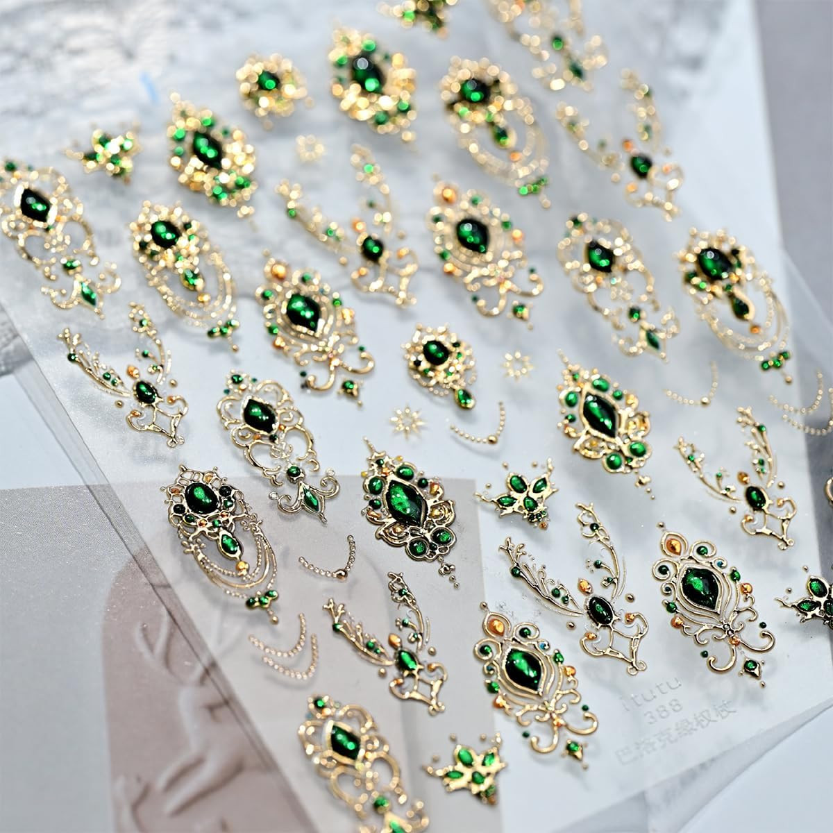 Gold Nail Art Stickers 5D Embossed Green Gem Nail Stickers Luxury Self Style-31