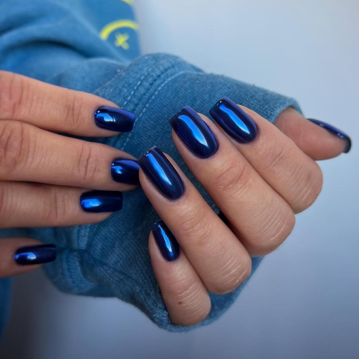 Mirror Metal Royal Blue Press on Nails Medium Short Square Square Royal Blue
