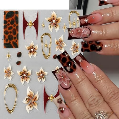3 Sheets Brown Leopard Print Nail Stickers 5D Embossed Floral leopard flower