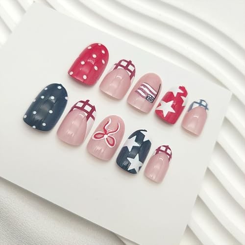4th of July Press on Nails Short ALmond Checkered Bow Star Polka Dots Designs