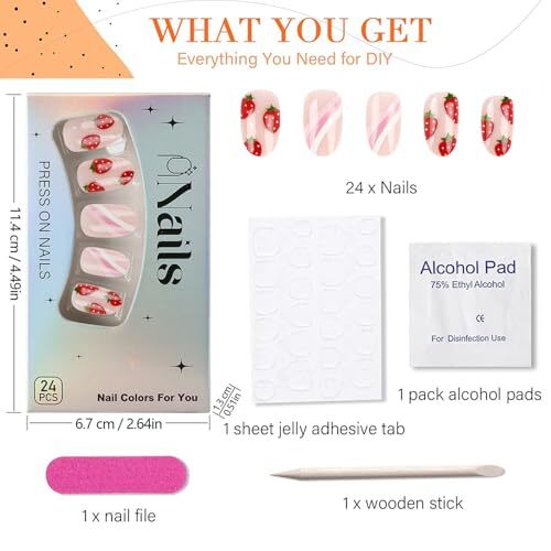 Cute Pink Press on Nails Short Oval Acrylic Fake Nails Sweet strawberry