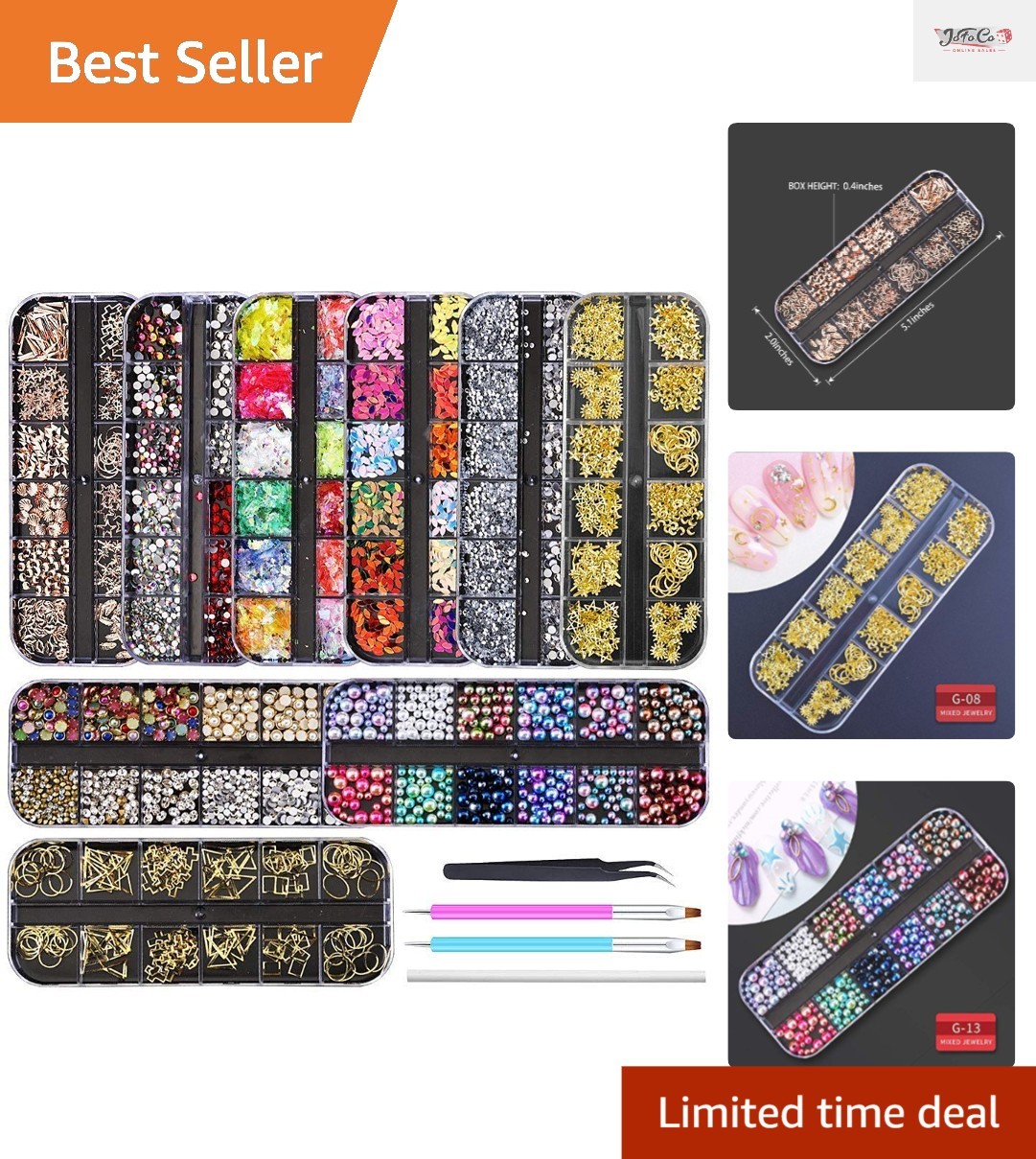9 Box Nail Art Rhinestone Kit with Tweezers & Art Pens for Glam Nails