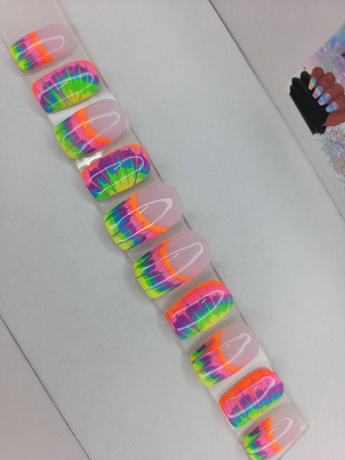 Rainbow neon tie-dye press on nails short square French tip pride nails