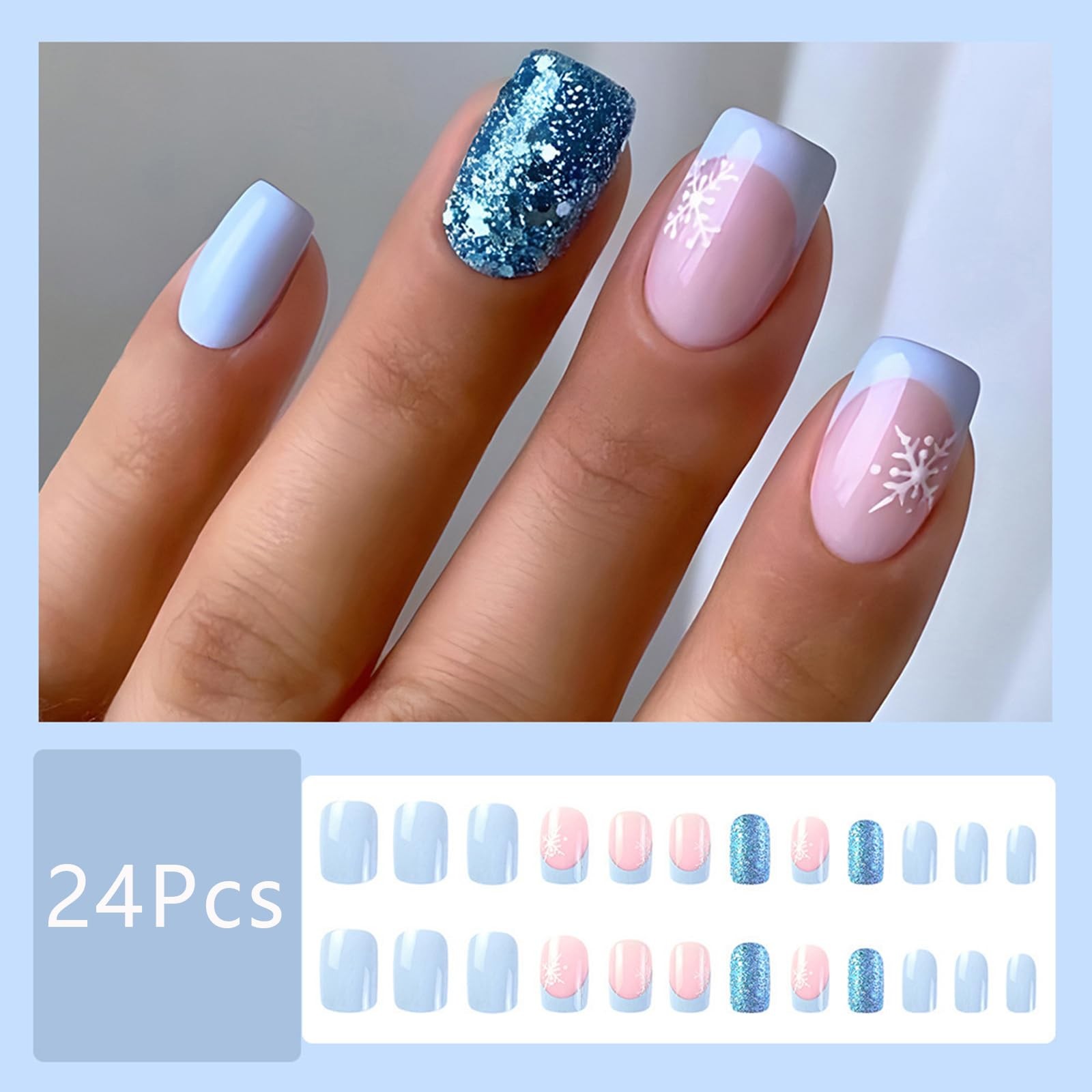 Christmas Blue French Tip Press on Nails Short Square Fake Nails with Blue Gl…