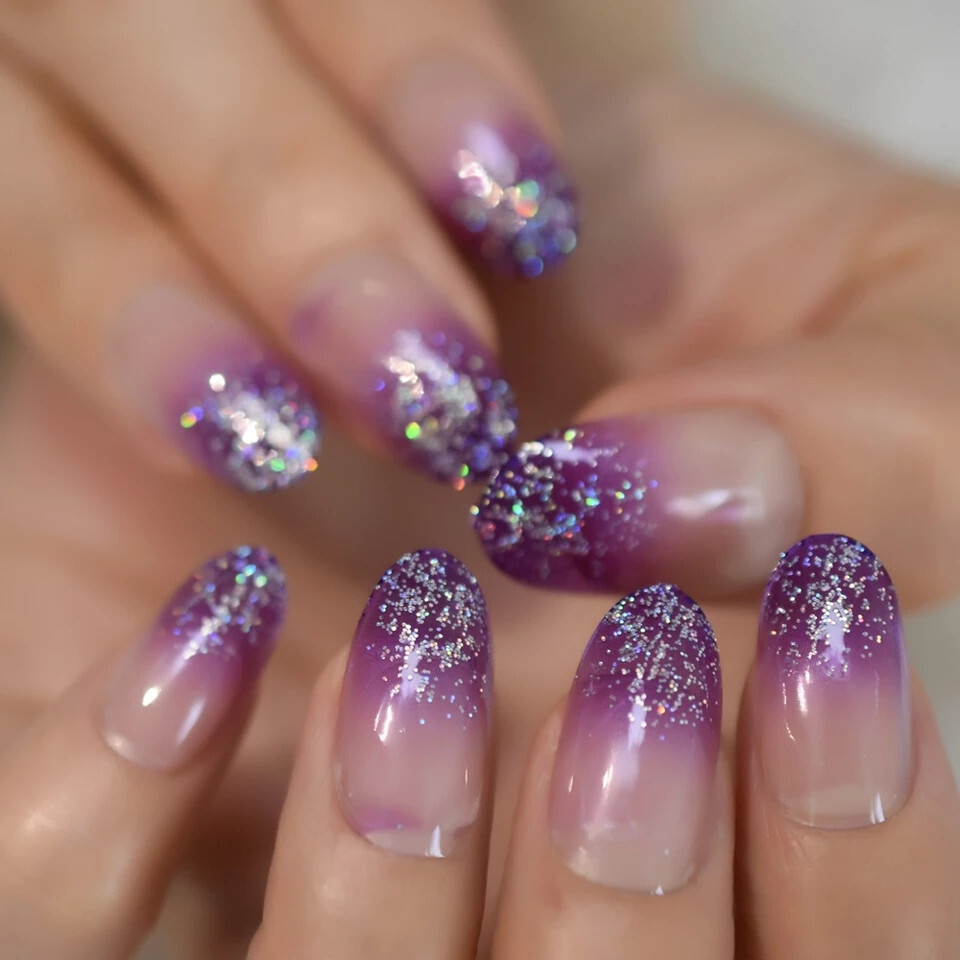24 Medium Press on Nails kit glue on grape jelly ombre glitter clear
