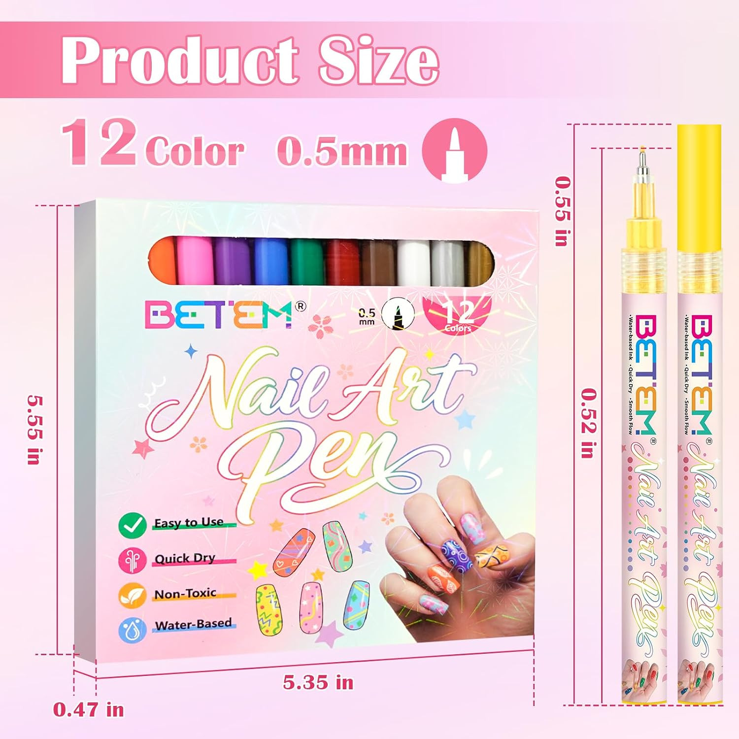 Betem Nail Art Pens Set, Fine Tip 12 Colors Nails Art Markers Non-Toxic, Quick-D