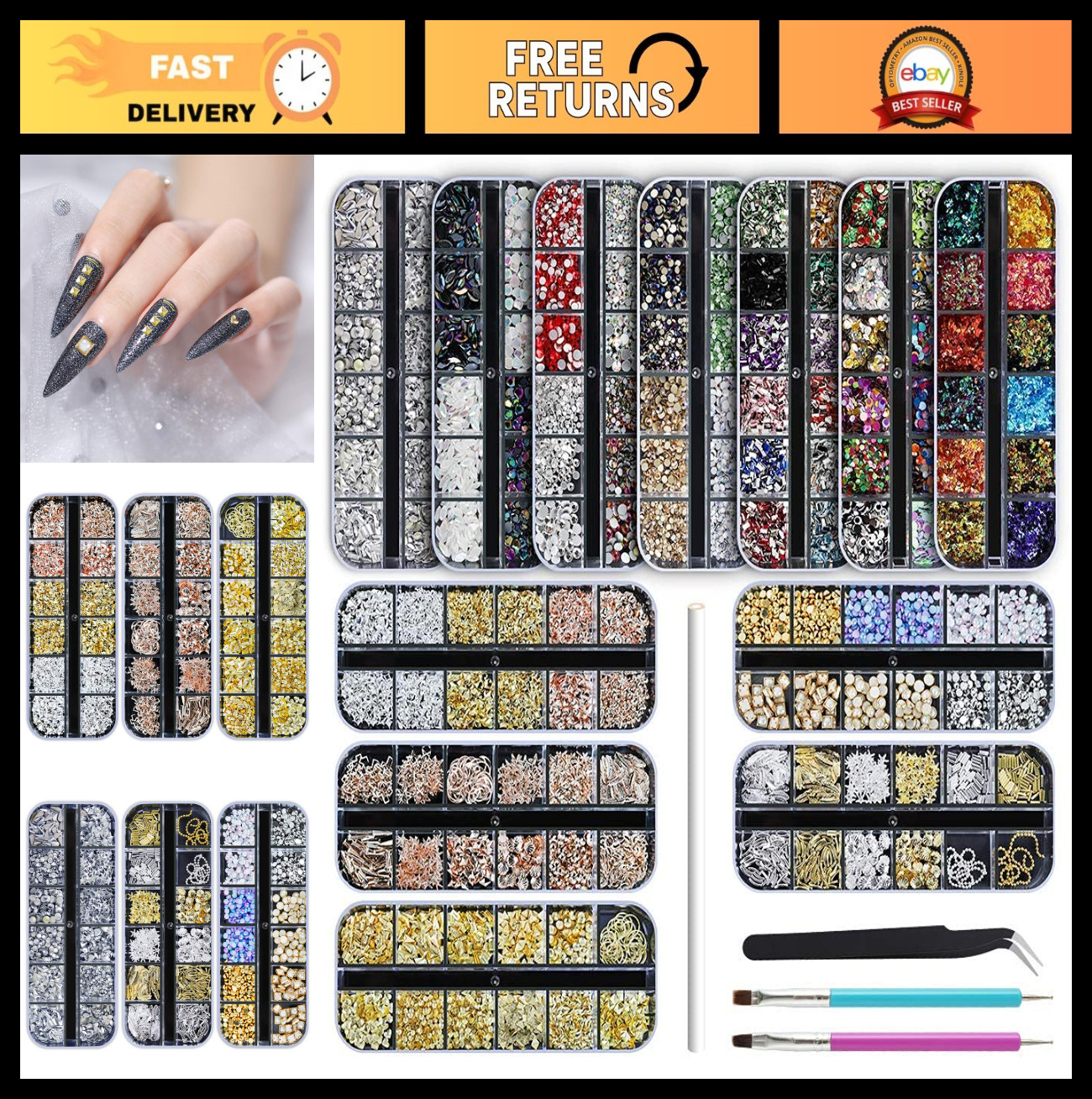12 Boxes Nail Rhinestones Glitter Gems Crystals Sequins Kit with Tweezers & Pens