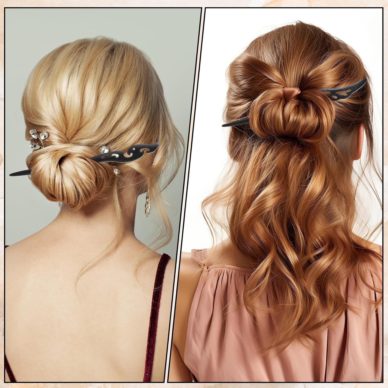 8Pcs Wooden Hair Sticks for Women, Vintage Chinese Chignon Japanese Black
