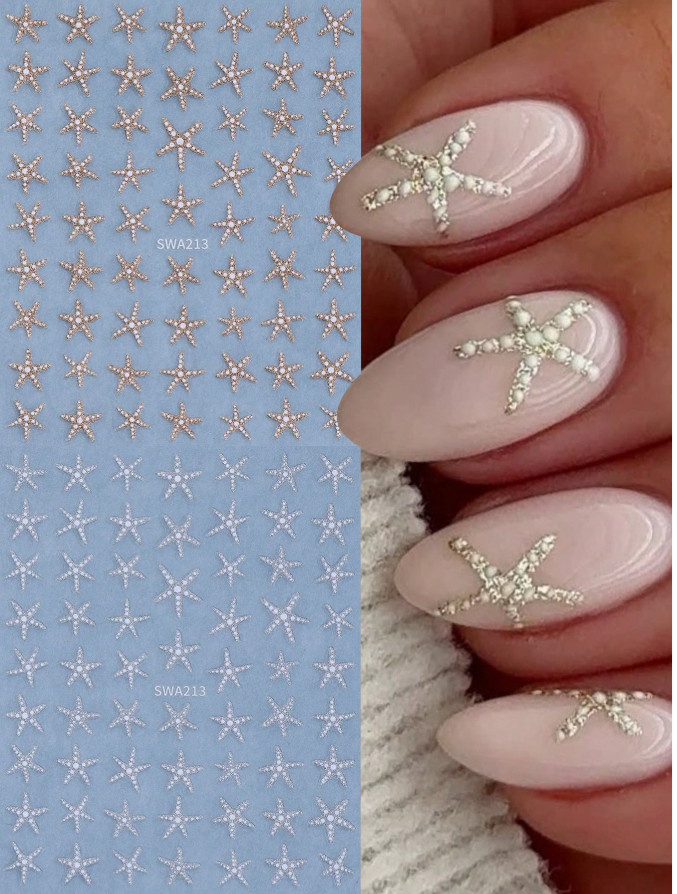 2pcs 3D Summer Ocean Style Glitter Star Nail Stickers Silver Gold Star Design S8