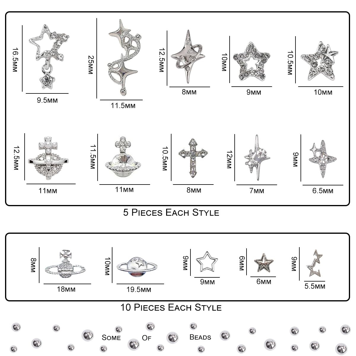 120+ Pcs Star Nail Charms Inlaid Rhinestones Gems, Silver Star Planet Cross Nail