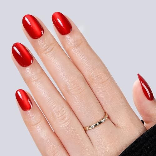 32Pcs Soft Gel Press on Nails – 16 Sizes Red Cat Eye Oval Round Velvet Merlot