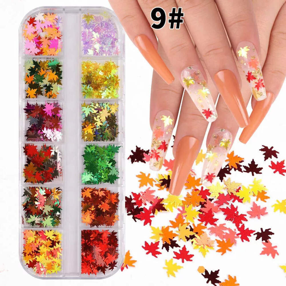 12 Colors Holographic Maple Leaf Nail Art Flakes Fall Leaf Glitter Nail Design