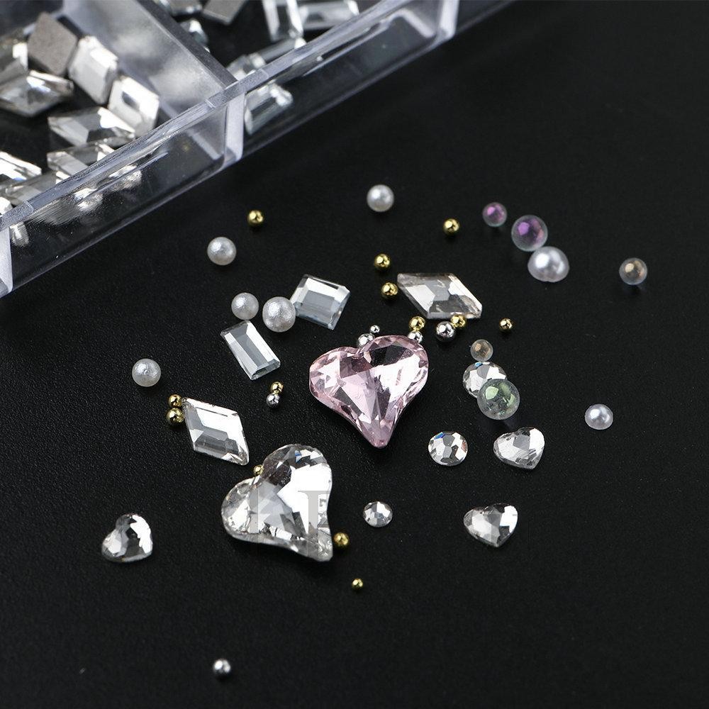 12 Grid Mixed Nail Art Supplies, Beads Flatback Rhinestones Iridescent Charms