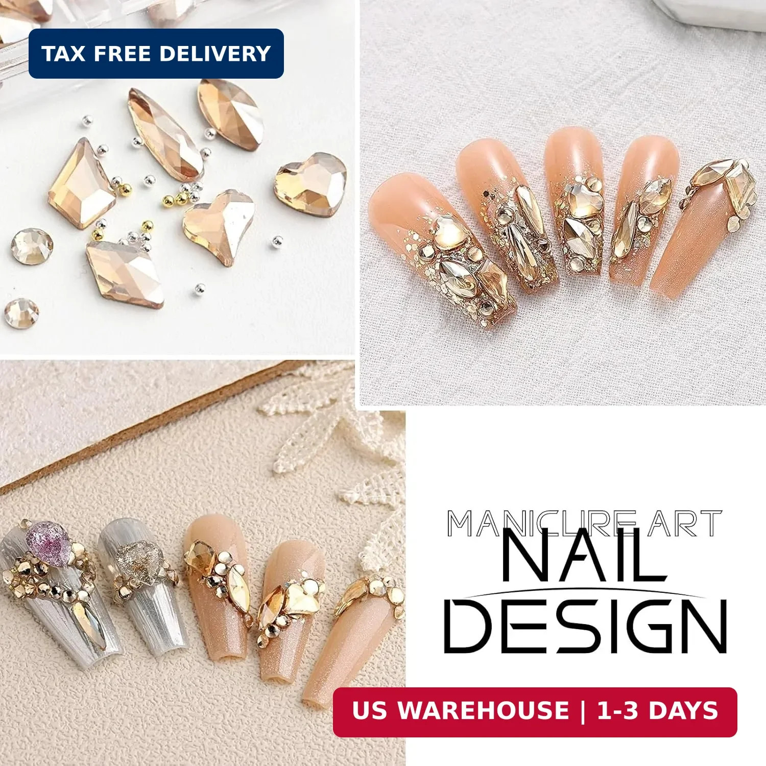 SUTOKAKA 1 Box Champagne Gold Nail Art Rhinestones Multi Shapes 3D Flatback Beda