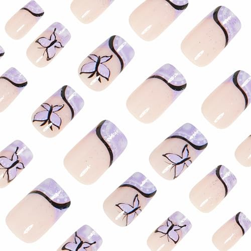 Press on Nails – Short Square Glue on Nails with Purple 01602-01Purple