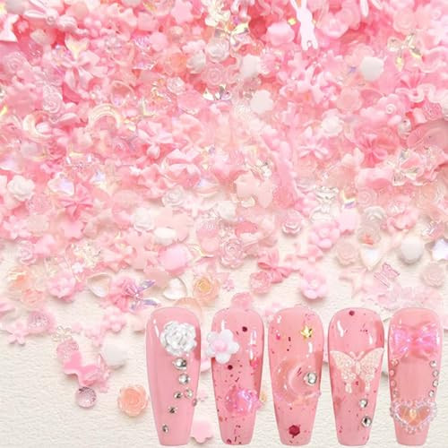 100 Pcs 3D Nail Charms Pink Nail Charms Flower Nail Art Charms Mixed Shape