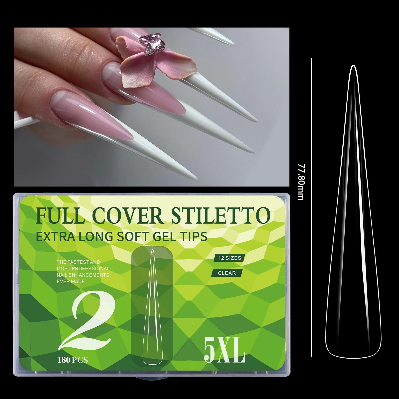 180pcs 5XL Extra Long Coffin/Stiletto/Square/Ballerina Soft Gel Nail Tips Clear