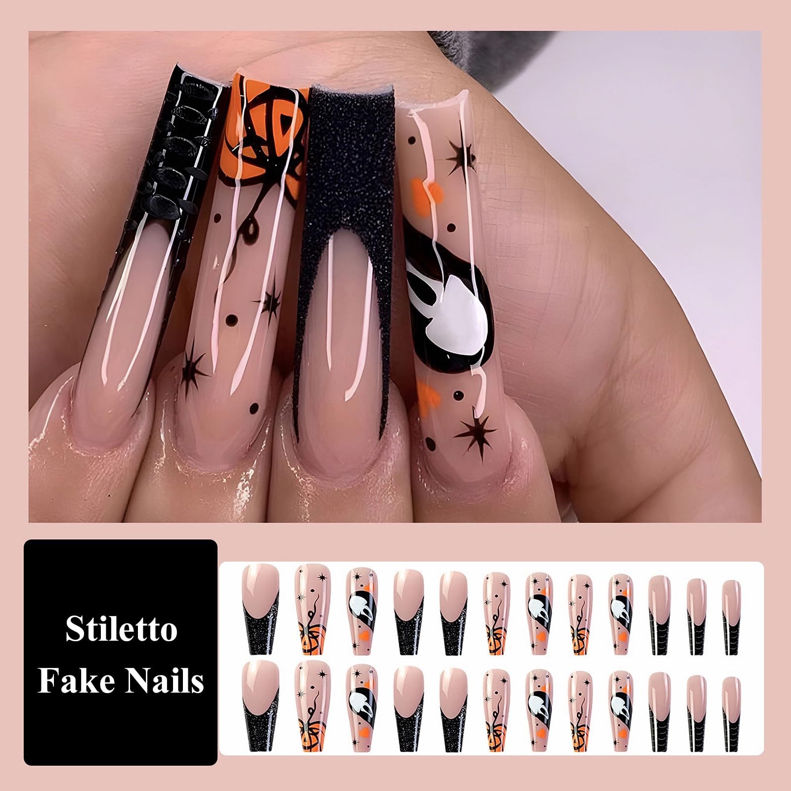 MISUD Press on Nails – Long Coffin Fake Nails with Goth Black, Acrylic Gothic…