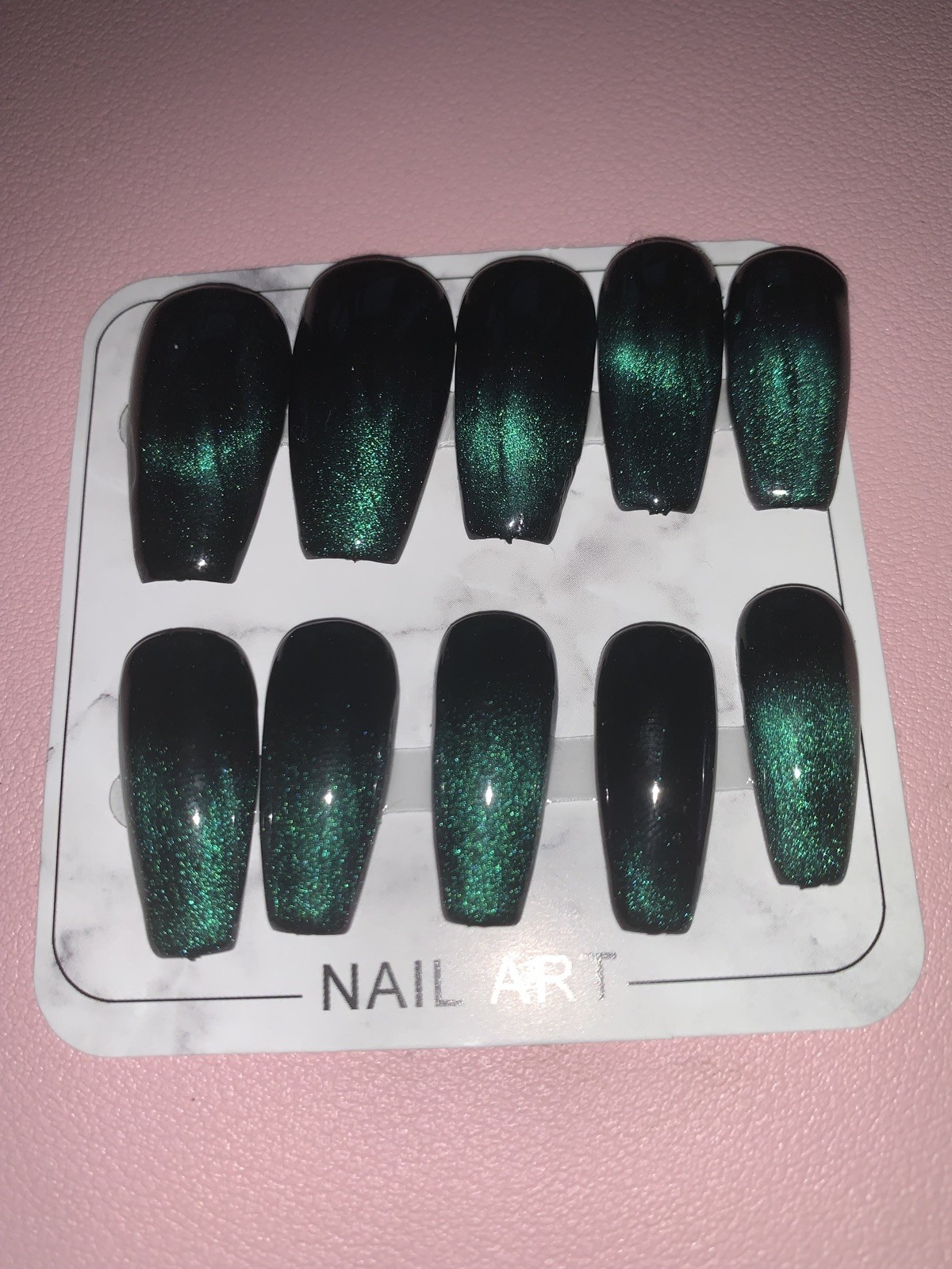 Handmade Green Cateye French tip Press-On Nails With Nail Care Kit!! Set of 20