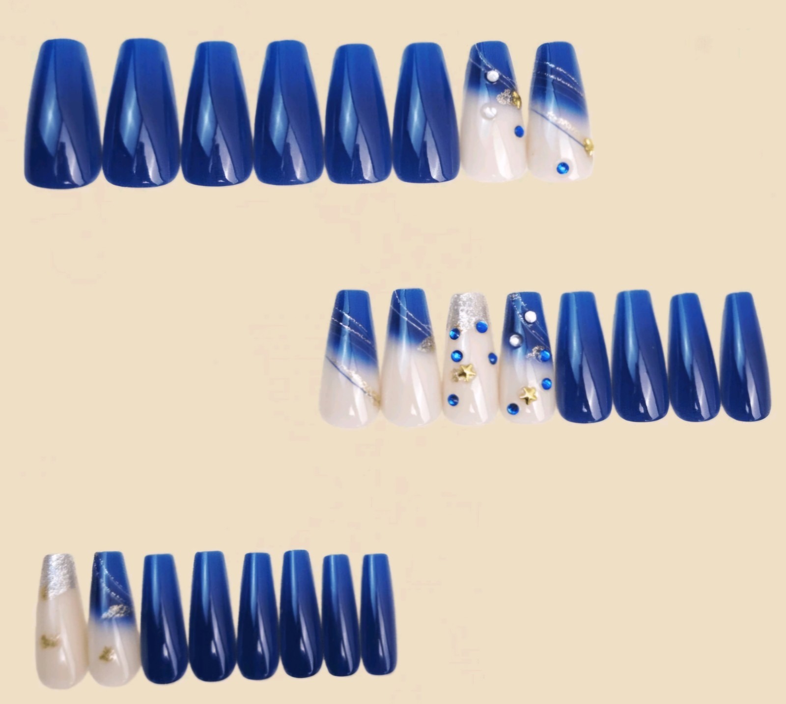 Press-On Nails Royal Blue Clear with 3D Rhinestone Accents Medium/Long Coffin