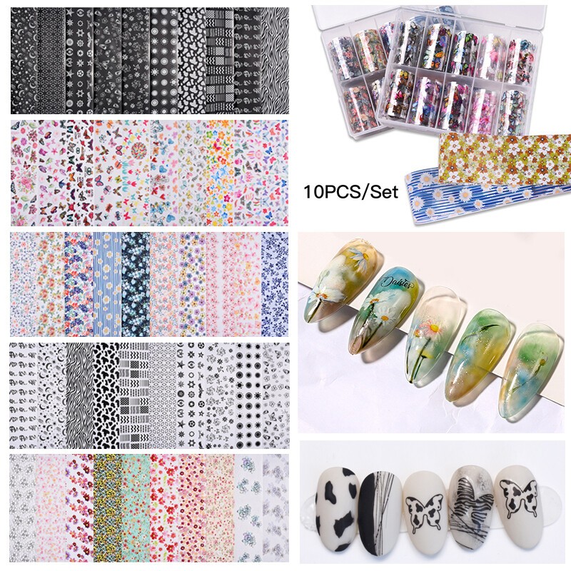 10Rolls Holographic Nails Art Transfer Foil Stickers Flower Star AB Paper Wrap