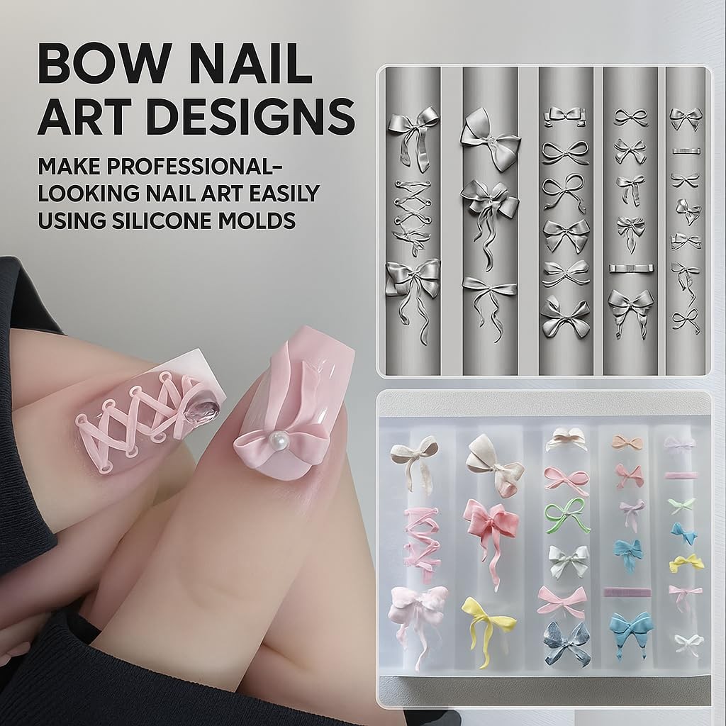 Pizadix 2 Pcs Bow Silicone Nail Art Molds for Women Resin Design bow-3