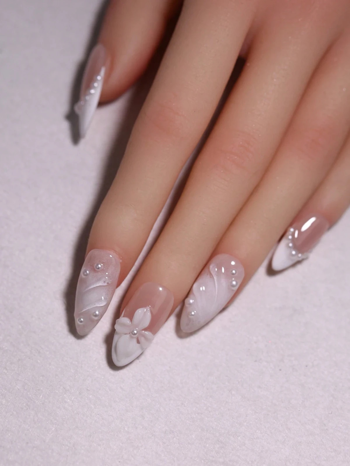 10PCS Handmade Almond Press On Nails White Nude French 3D Floral Wave Reusable