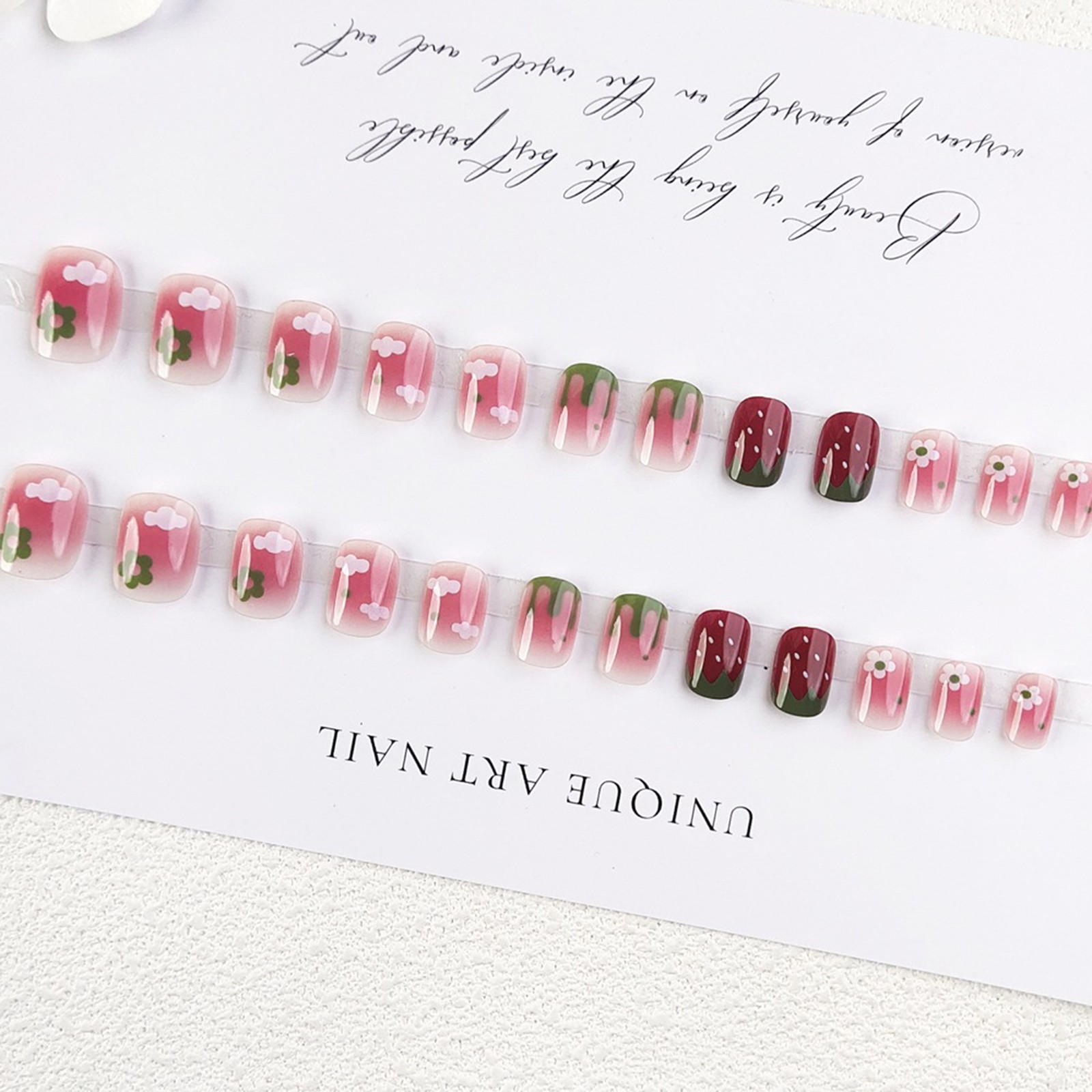 Strawberry Cute Press On Nail,Pink Red Blush Squoval Fake Nails w/ Flower Printe