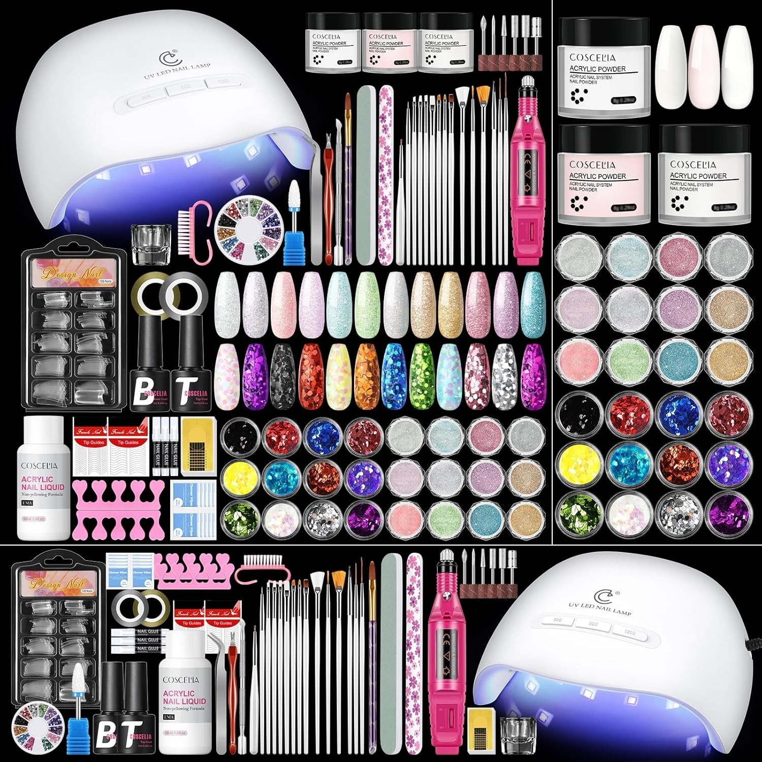 58PCS Acrylic Nail Kit for Beginners with Everything, 3 Colors Professional A…