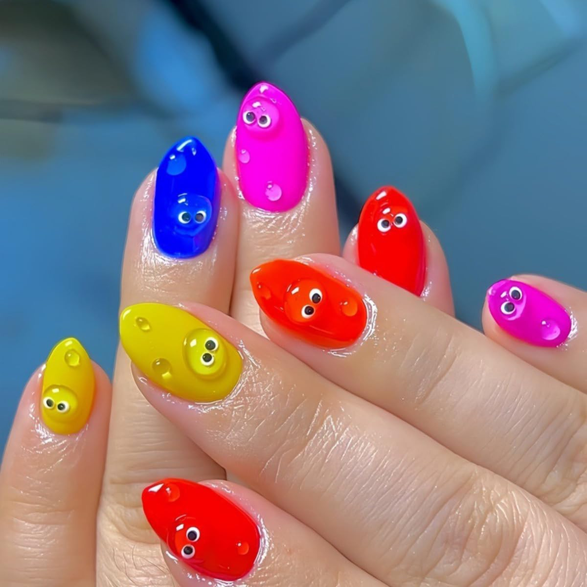 30Pcs Summer Colorful Press on Nails Short Almond Fake Nails with 3D Cartoon Eye