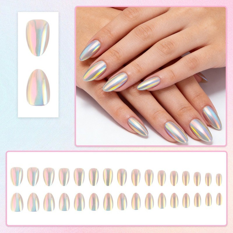 64pcs-Silver Holographic Press on Nails, Medium Almond Chrome Mirror Fake Nails
