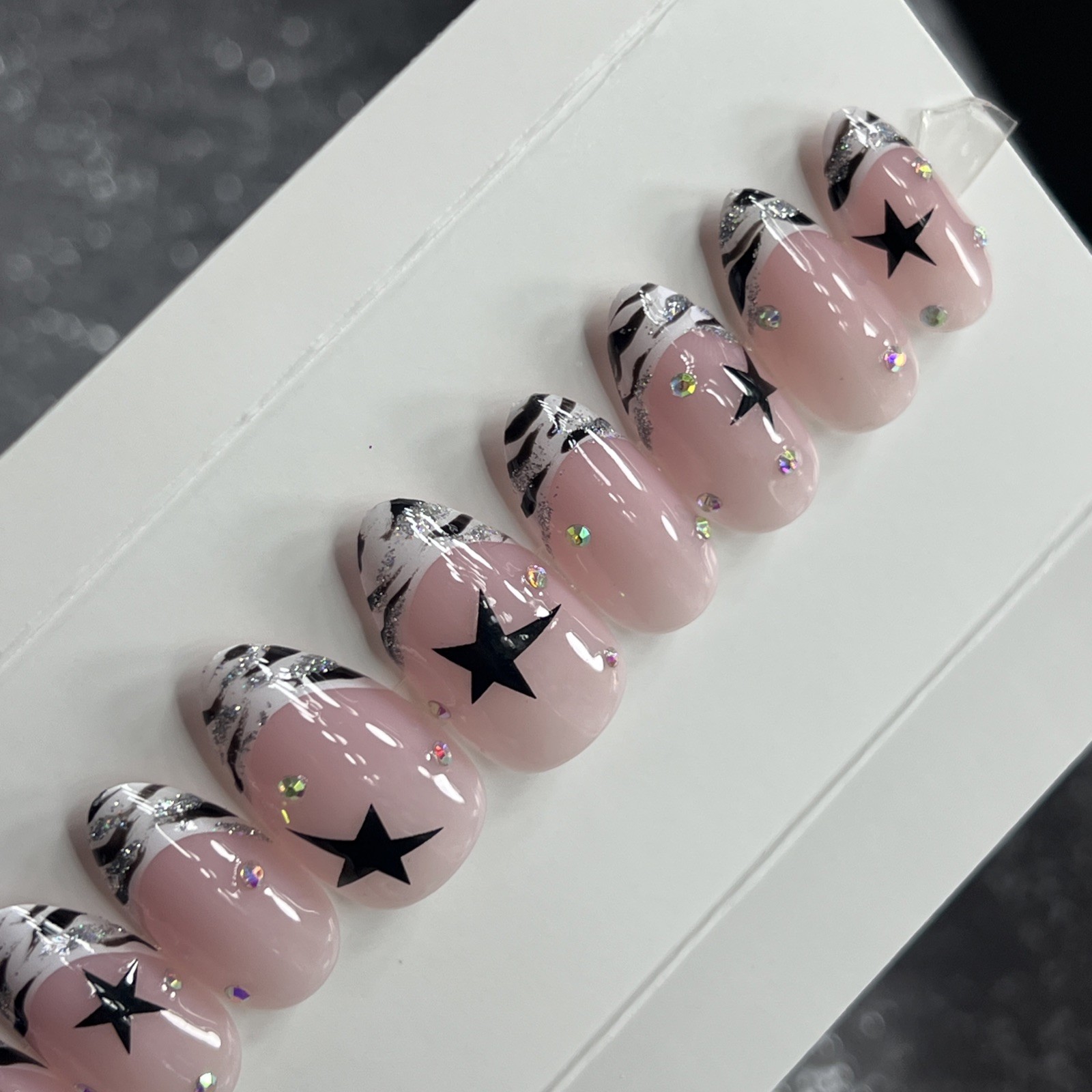 🎀 CUSTOM Hard Gel Press On False Nails French ZEBRA 10p Set Medium Almond W Kit