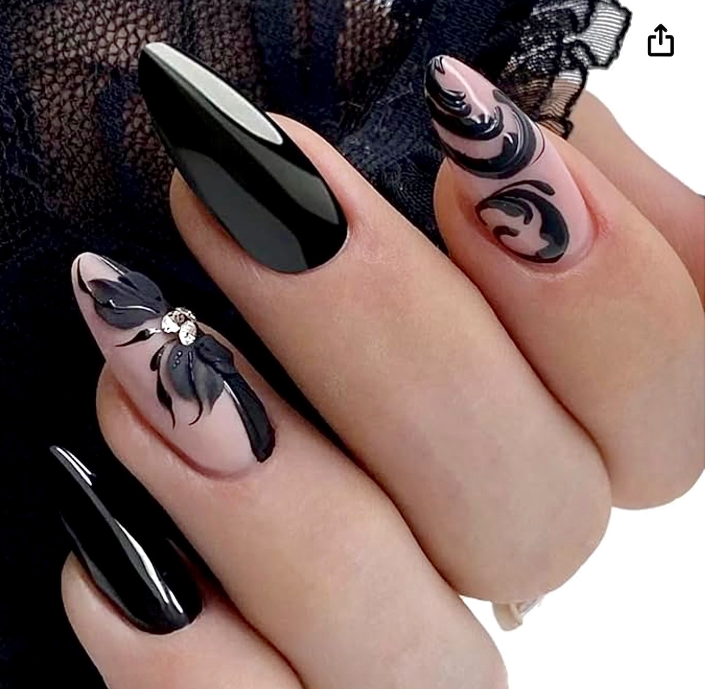 5 Nails Kits – GOTHIC Black Rhinestone Lace, Silver GLITTER French, WEDNESDAY +