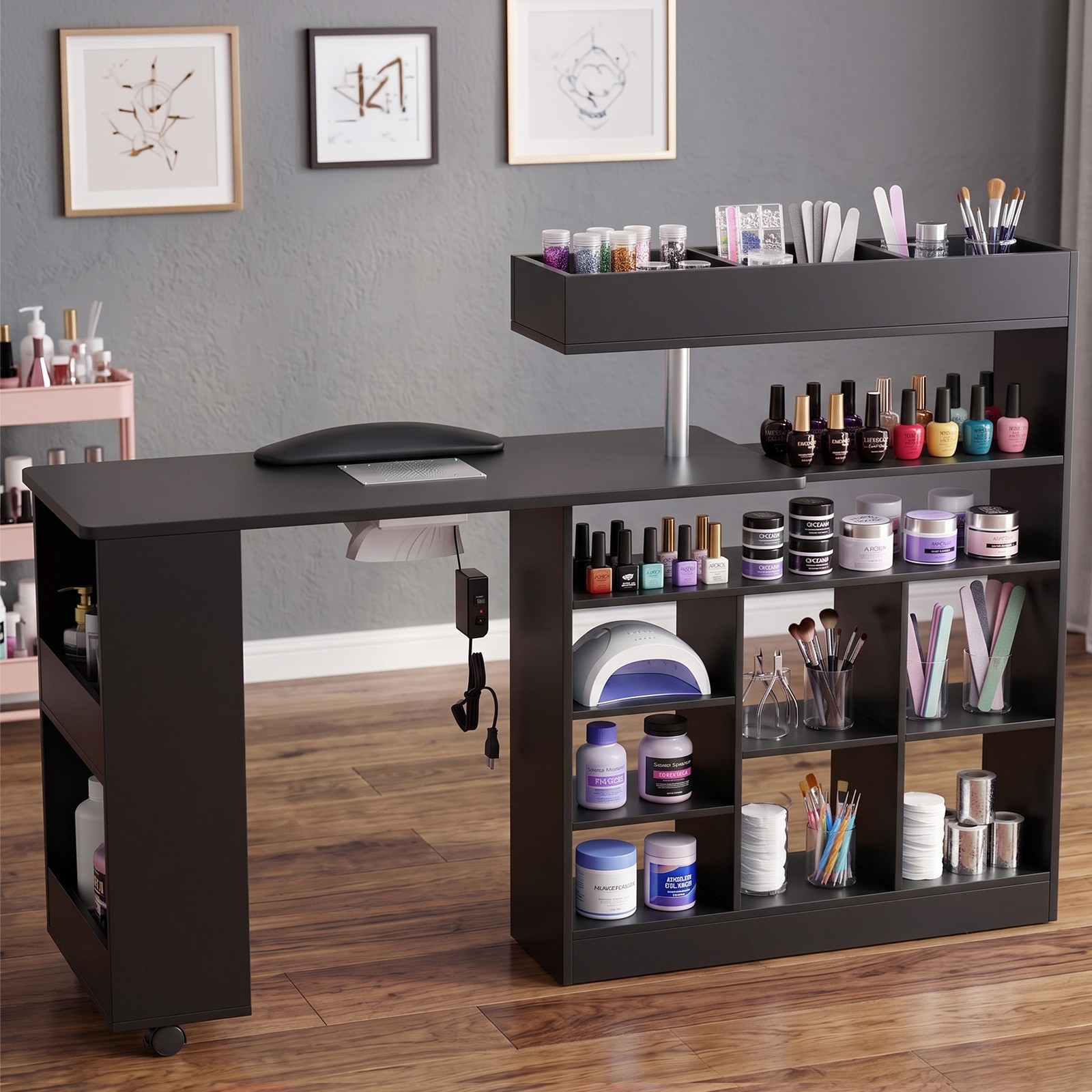 L Shaped Manicure Table with Wrist Rest & 180° Swivel Desktop and Dust Collector