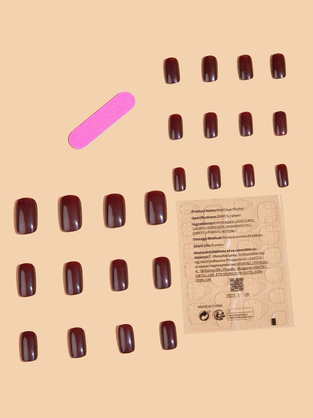 24pcs Short Square Burgundy Solid Fake Nail False Nails Press On Nails Glue On