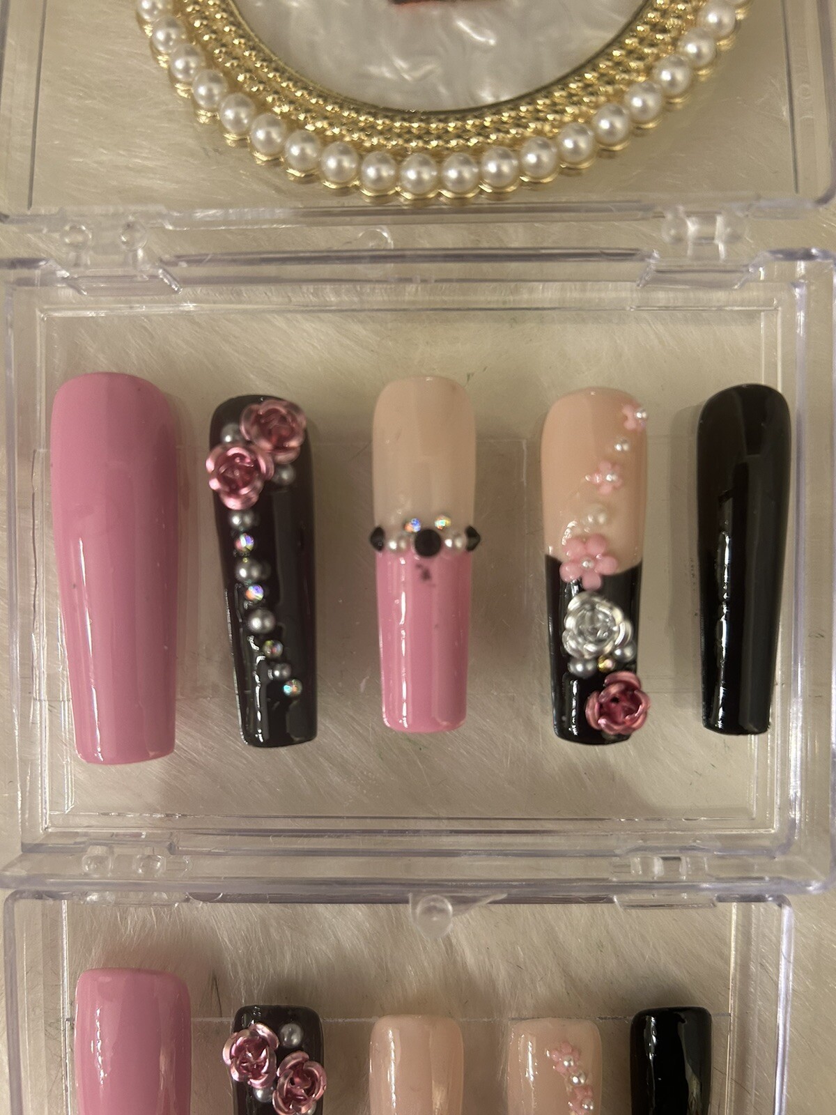 Z NAILZ! Gorgeous Handmade Pink/Nude/Black 2XL Coffin Shiny Bling Press On Nails