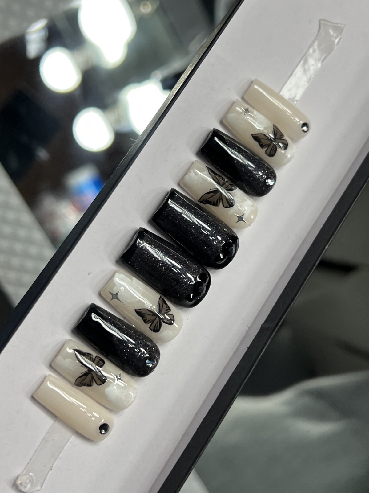 🤍 CUSTOM Hard Gel Press On Nails Black Nude Butterfly Bling 10p FULL SET SQUARE