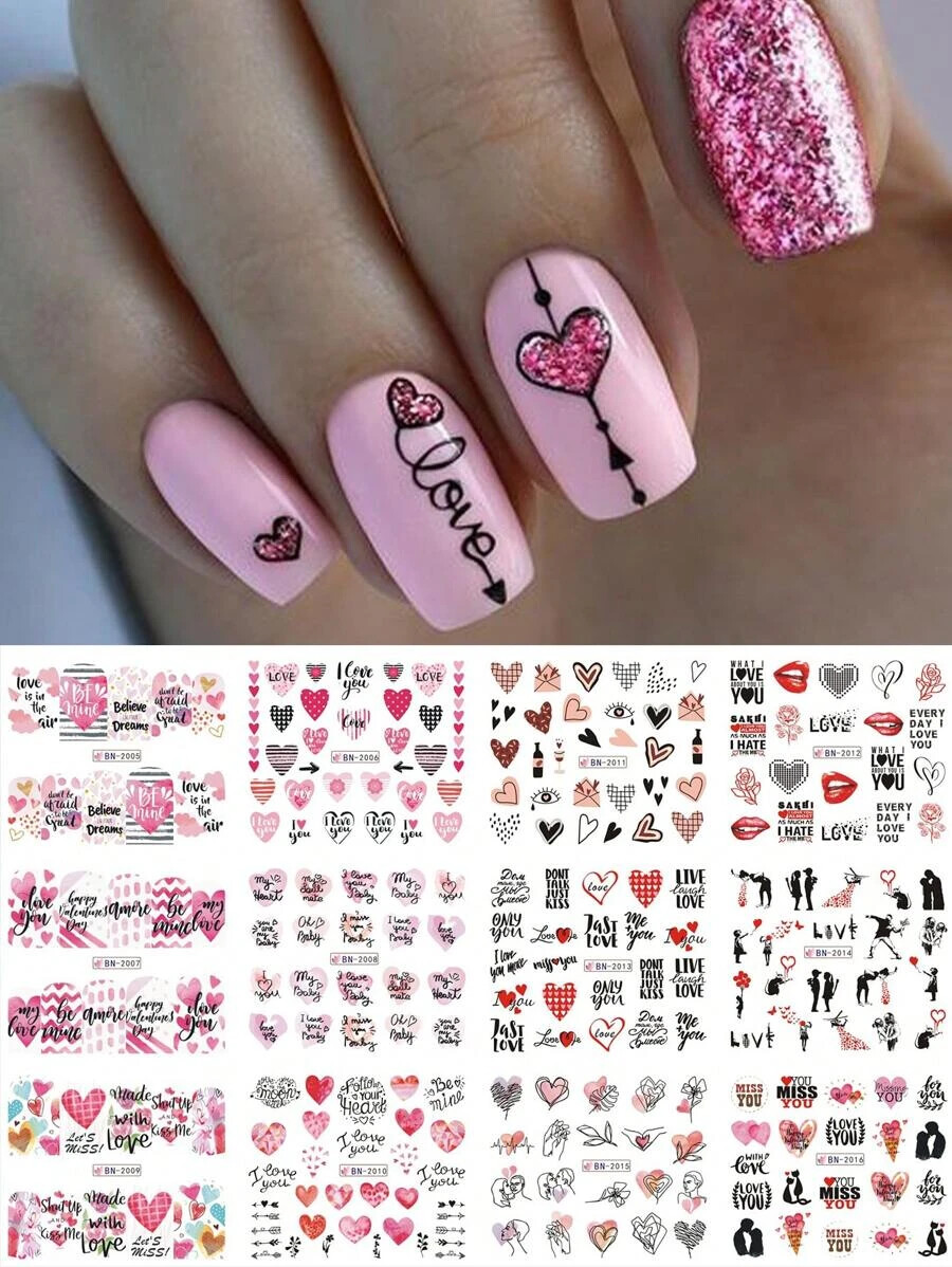12 x Nail Stickers Valentines Day Art Water Decal Love Heart Sheets