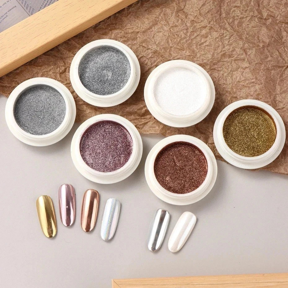 6PCS Chrome Mirror Nail Powder Set Gold Silver Holographic Aurora Pigment