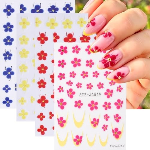 4 Sheets Flower Nail Stickers 3D Self-Adhesive Nail Decals with Summer Floral